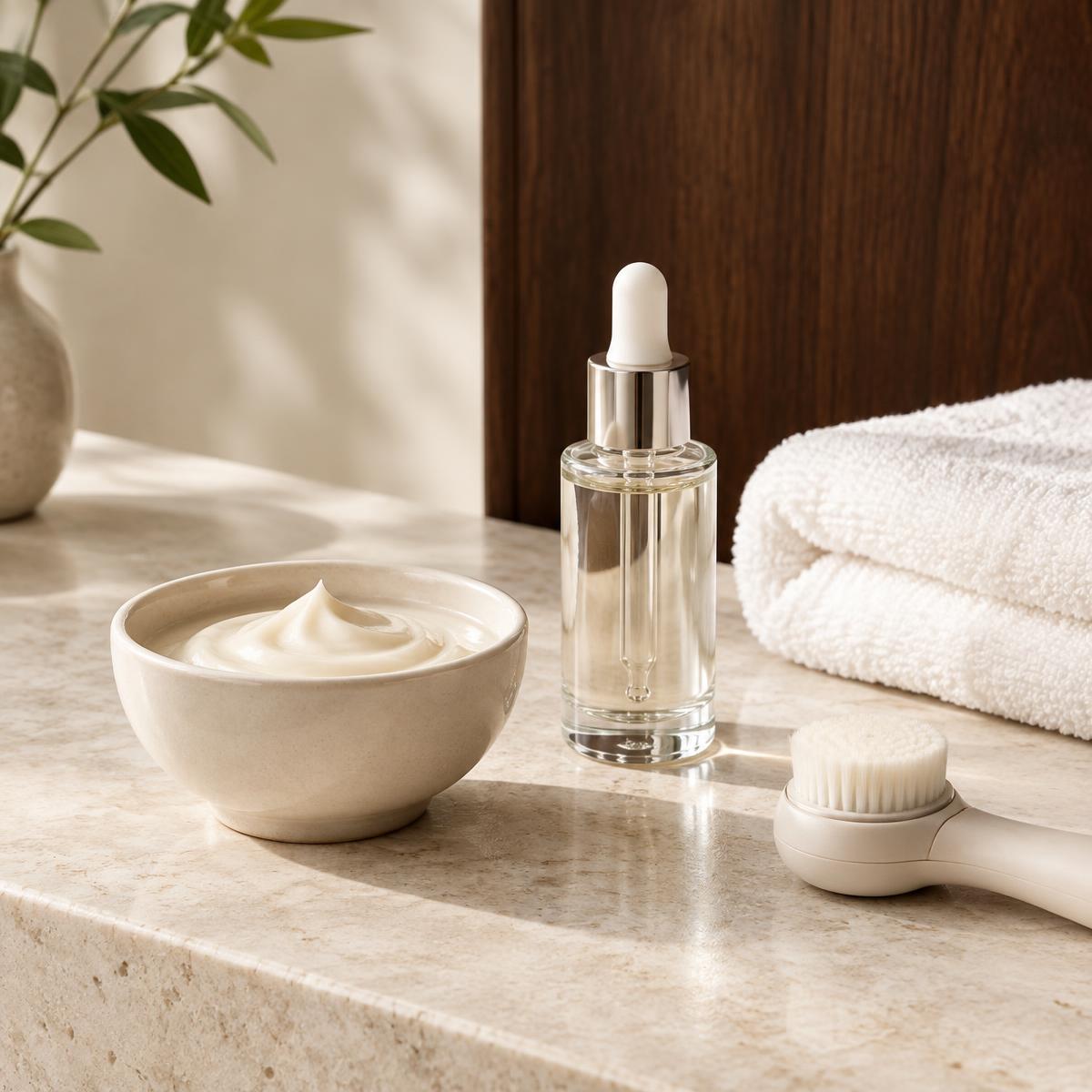 Cream, serum and fresh towels for facial care